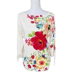 Radzoli Womens XL Floral Sequin Knit Top Ivory Boat Neck 3/4 Sleeve Tie Cuffs